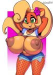  2023 activision anthro areola artist_name bandicoot big_areola big_breasts big_nipples black_eyelashes black_hair black_nose black_pupils blonde_hair blush blush_lines bottomwear breasts brown_areola brown_nipples clothed clothing coco_bandicoot countershading crash_bandicoot_(series) cutoffs denim denim_clothing dongitos exposed_breasts eyelashes female fur glistening glistening_eyes green_eyes hair hands_behind_head hi_res huge_areola huge_breasts huge_nipples long_hair mammal marsupial nipples open_mouth open_smile orange_body orange_ears orange_fur pink_tongue ponytail pupils shirt shorts smile solo tan_body tan_countershading tan_inner_ear tan_skin teeth teeth_showing thick_eyelashes tongue topwear watermark yellow_body yellow_skin 