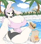  big_breasts black_hair breasts burger burger_king butt cleavage clothed clothing dullvivid female food fur hair hi_res highlights_(coloring) huge_breasts lagomorph leporid long_hair mammal panties paper_crown pink_highlights poolside princess_jomes_(character) rabbit selfie shirt smile solo tank_top thick_thighs topwear underwear white_body white_fur wide_hips 