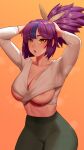  1girl :o areola_slip arms_up blue_hair breasts bulgasari_(last_origin) cleavage collarbone dc_(makezzal) green_pants hair_ornament hairpin highres large_breasts last_origin looking_at_viewer pants ponytail purple_hair shirt simple_background solo steam steaming_body sweatdrop sweaty_clothes underboob white_shirt 