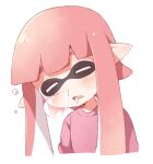  1girl closed_eyes drooling inkling inkling_girl long_hair long_sleeves mouth_drool namori no_nose nose_bubble open_mouth pink_shirt pointy_ears shirt simple_background sleeping sleeping_upright solo splatoon_(series) tentacle_hair upper_body white_background 