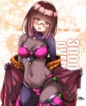  1girl asymmetrical_legwear bikini bikini_over_clothes black_thighhighs blush bodystocking breasts brown_eyes brown_hair coat glasses highres hirowa_nagi looking_at_viewer mismatched_legwear navel off_shoulder open_clothes open_coat open_mouth original pink_bikini pink_thighhighs red_coat short_hair smile solo sweat swimsuit thighhighs thighs 