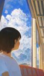  1girl black_hair blush cloud cloudy_sky cumulonimbus_cloud day fjsmu highres original shirt short_sleeves sitting sky solo train_interior upper_body white_shirt 