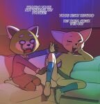  aggretsuko ailurid anthro clothed clothing dark_room drockdraw english_text female fenneko furniture genitals gesture mammal no_underwear offscreen_character pointing pointing_at_pussy pussy red_panda retsuko sanrio sofa text 