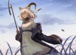  1girl animal_ears arknights beeswax_(arknights) belt breasts brown_eyes cloud dark_skin dress expressionless goat_ears goat_girl goat_horns grass holding holding_weapon hood hood_down horns infection_monitor_(arknights) jacket long_sleeves looking_at_viewer medium_breasts open_clothes open_jacket short_hair sky solo teeth touchika weapon white_dress white_hair 