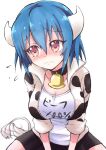  1girl absurdres animal_print bell black_skirt blue_hair blush breasts brown_eyes cleavage closed_mouth cow_girl cow_horns cow_print cow_tail cowbell embarrassed highres horns jacket jashin-chan_dropkick large_breasts looking_away minos_(jashin-chan_dropkick) neck_bell print_jacket shirt short_hair simple_background skirt solo tail track_jacket white_background white_shirt yuuki_shushu 