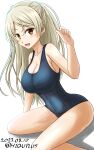  1girl absurdres alternate_costume blue_one-piece_swimsuit blush breasts brown_eyes cleavage collarbone competition_school_swimsuit conte_di_cavour_(kancolle) covered_navel dated grey_hair highres hiqu kantai_collection large_breasts long_hair looking_at_viewer one-piece_swimsuit open_mouth school_swimsuit simple_background sitting smile solo swimsuit twitter_username two_side_up white_background 