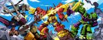  battle blue_sky bruticus character_request clenched_hand day devastator_(transformers) firing glaucosilvaart highres mecha no_humans outdoors predaking punching robot rubble sky smoke transformers 