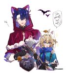  1boy 1girl absurdres ahoge alternate_costume axe black_gloves blonde_hair blue_eyes closed_eyes english_text gloves hair_over_one_eye halloween_costume highres honkai:_star_rail honkai_(series) kradebii lynx_landau purple_hair sampo_koski short_hair simple_background speech_bubble white_background 