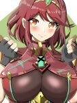  1girl armor black_gloves blush bob_cut breasts chest_jewel fingerless_gloves gloves highres impossible_clothes large_breasts neon_trim pyra_(xenoblade) red_eyes red_hair short_hair shoulder_armor skindentation solo swept_bangs taka_p_(zelda27th) tiara upper_body xenoblade_chronicles_(series) xenoblade_chronicles_2 