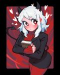  1girl 333_(dqqqdle) blush book business_suit demon_girl demon_horns demon_tail heart heart-shaped_pupils helltaker highres holding holding_book horns looking_to_the_side modeus_(helltaker) red_eyes short_hair suit symbol-shaped_pupils tail white_hair 