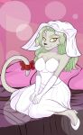  absurd_res alien anthro bed blackmore bow_(feature) breasts clothing digital_media_(artwork) dress ears_up elma_(tenchi_muyo) felid feline female furniture hair hi_res looking_at_another mammal pillow raised_tail smile solo tail tenchi_muyo tenchi_muyo_gxp wau wedding wedding_dress 