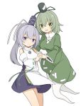  2girls bare_shoulders black_headwear breasts commentary detached_sleeves dress ghost_tail green_dress green_eyes green_hair grey_hair hat hekkmushi highres holding_hands interlocked_fingers japanese_clothes juliet_sleeves kariginu large_breasts long_hair long_sleeves looking_at_viewer mononobe_no_futo multiple_girls ofuda ofuda_on_clothes open_mouth pom_pom_(clothes) ponytail puffy_sleeves ribbon-trimmed_sleeves ribbon_trim short_hair simple_background soga_no_tojiko tate_eboshi touhou white_background 