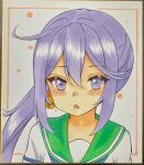  1girl absurdres akebono_(kancolle) bell blush commentary_request dakkusu flower green_sailor_collar hair_bell hair_between_eyes hair_flower hair_ornament highres jingle_bell kantai_collection long_hair looking_at_viewer marker_(medium) parted_lips photo_(medium) purple_eyes purple_hair red_flower sailor_collar shirt short_sleeves solo traditional_media upper_body white_shirt 