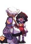  2girls aged_down black_hair blurry bow breasts child closed_eyes crying crying_with_eyes_open depth_of_field facing_another facing_away full_body hair_bow hakurei_reimu hat highres large_breasts mob_cap multiple_girls open_mouth purple_tabard red_bow red_skirt red_vest seiza short_hair sitting skirt standing tabard tears tohou89 touhou vest yakumo_yukari 