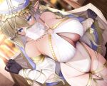  1girl arabian_clothes bare_shoulders black_gloves blonde_hair blue_eyes blurry blurry_background breasts closed_mouth covered_navel dancer depth_of_field detached_sleeves dutch_angle earclip earrings elf fed_(giba) gloves gold_trim hair_between_eyes hair_ornament hand_up harem_outfit harem_pants huge_breasts jewelry long_hair long_sleeves looking_at_viewer mouth_veil neck_ring o-ring original pants pointy_ears puffy_long_sleeves puffy_sleeves see-through see-through_sleeves solo thighlet veil 