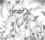  2023 absurd_res ahoge anthro armband athletic athletic_male belt big_tail clothed clothing dipstick_ears felid fingerless_gloves fist fur gloves greyscale grin hair handwear hi_res highlights_(coloring) inner_ear_fluff kay_(maxl8) looking_at_viewer male mammal markings monochrome multicolored_ears open_clothing open_topwear open_vest pantherine pltnm06ghost shirt short_hair smile solo striped_body striped_fur striped_markings striped_tail stripes tail tail_markings tiger topwear tuft vest 