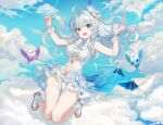  1girl absurdres ahoge bird blue_eyes blue_sky bow bowtie braid breasts brooch center_frills character_request clothing_cutout cloud cloudy_sky day dress floating floating_hair frilled_dress frills full_body hands_up highres indie_virtual_youtuber jewelry knees_together_feet_apart long_hair medium_breasts navel navel_cutout outdoors pleated_dress raised_eyebrows sample_watermark short_dress sidelocks sky sleeveless sleeveless_dress solo thick_thighs thigh_gap thigh_strap thighs white_bow white_bowtie white_dress white_hair wrist_cuffs ziyue 