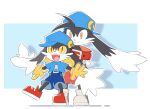  2boys animal_collar blue_background blue_headwear blue_shirt blue_shorts collar cosplay costume_switch dual_persona furry furry_male gloves kaze_no_klonoa klonoa lqy8786576 multiple_boys pac-man red_shorts shirt shorts slit_pupils smile time_paradox yellow_eyes yellow_gloves 