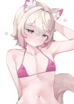  1girl animal_ear_fluff animal_ears arm_behind_back arm_behind_head armpit_crease bikini blonde_hair blue_eyes blush crossed_bangs dog_ears dog_girl dog_tail double-parted_bangs embarrassed flat_chest hair_between_eyes hair_intakes hair_ornament hand_up hololive hololive_english light_brown_hair looking_at_viewer micro_bikini mococo_abyssgard multicolored_hair namiorii navel pink_bikini pink_hair ribs short_hair signature simple_background solo stomach streaked_hair string_bikini swimsuit tail upper_body virtual_youtuber white_background x_hair_ornament 