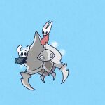  1girl 1other arthropod_girl black_eyes black_skin blank_eyes blue_background blue_cloak blush character_request cloak colored_skin commentary flying full_body hollow_knight hollow_knight:_silksong hornet_(hollow_knight) knight_(hollow_knight) motion_blur red_cloak riding sakana_2-gou simple_background sitting 