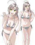  1girl ahoge alternate_costume bare_shoulders bikini breasts cleavage collarbone commentary_request cowboy_shot green_eyes highres kantai_collection kinugasa_(kancolle) large_breasts long_hair looking_at_viewer multiple_views navel ojipon open_mouth pink_hair side-tie_bikini_bottom silver_bikini simple_background smile swimsuit teeth upper_teeth_only waving white_background 