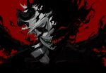  1boy black_clover black_sclera colored_sclera demon demon_boy demon_horns demon_wings highres horns liebe_(black_clover) male_focus open_mouth poonwip red_background red_eyes sharp_teeth smile solo teeth white_hair wings 