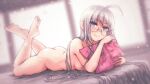  1girl ahoge ass breasts convenient_arm feet_up glasses grey-framed_eyewear grey_eyes grey_hair heywood_l._edwards_(kancolle) highres hugging_object kantai_collection long_hair looking_at_viewer lying medium_breasts on_stomach pillow pillow_hug solo the_pose very_long_hair vorisar yes yes-no_pillow 