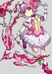 1girl absurdres arrow_(projectile) bow bow_(weapon) bubble_skirt eyelashes flower full_body gloves highres holding holding_arrow holding_bow_(weapon) holding_weapon kaname_madoka magical_girl mahou_shoujo_madoka_magica niumu pink_bow pink_flower pink_footwear pink_ribbon pink_rose pink_shirt ribbon rose shirt short_sleeves skirt socks solo weapon white_gloves white_socks 