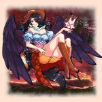  1girl bandana black_hair black_wings boots breasts brown_footwear carbohydrate_(asta4282) cowboy_hat full_body hat highres horse_girl horse_tail impossible_clothes kurokoma_saki looking_at_viewer low_ponytail multicolored_clothes off-shoulder_shirt off_shoulder overskirt pegasus_wings red_eyes shirt smile solo tail touhou white_bandana wings wolf_spirit_(touhou) 