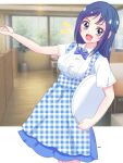  1girl apron blue_apron blue_bow blue_bowtie blue_eyes blue_hair blue_skirt blush bow bowtie breasts checkered_apron checkered_clothes dokidoki!_precure employee_uniform gingham_apron gingham_skirt high-waist_skirt highres hishikawa_rikka indoors kobeya_uniform long_hair looking_at_viewer medium_breasts momotarouooi plaid plaid_apron pleated_shirt precure restaurant shirt short_sleeves skirt smile solo tray uniform waitress white_shirt 