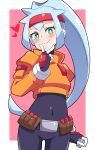  1girl absurdres ashe_(mega_man) blue_hair bodysuit breasts buzzlyears closed_mouth commentary covered_navel gloves green_eyes headband high_ponytail highres long_hair looking_at_viewer mega_man_(series) mega_man_zx mega_man_zx_advent ponytail red_headband smile solo very_long_hair 