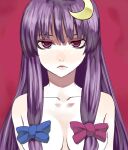  1girl bow breasts collarbone commentary crescent crescent_hair_ornament eyebrows_hidden_by_hair frown hair_bow hair_ornament hair_over_breasts koma_neko long_hair medium_breasts nude patchouli_knowledge purple_eyes purple_hair red_background sidelocks solo touhou 