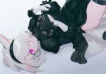  1girl 2b_(nier:automata) 2b_(nier:automata)_(cosplay) absurdres animal_ears black_dress black_hairband breasts cat_ears cat_girl cat_tail cleavage_cutout clothing_cutout cosplay dress final_fantasy final_fantasy_xiv funa_(sakana) gloves hair_over_one_eye hairband highres looking_at_viewer lying miqo&#039;te nier:automata nier_(series) on_back parted_lips purple_eyes short_hair side_slit sleeves_past_elbows small_breasts tail warrior_of_light_(ff14) white_hair 