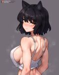  1girl absurdres animal_ears armpit_crease bare_shoulders black_hair blake_belladonna bluefield blush breasts cat_ears closed_mouth commentary_request crop_top from_behind grey_background highres large_breasts looking_at_viewer looking_back median_furrow patreon_logo patreon_username rwby short_hair sideboob simple_background solo steaming_body sweatdrop twitter_username upper_body web_address yellow_eyes 
