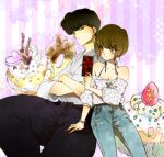  1boy 1girl animal_print bad_id bad_pixiv_id bare_shoulders black_eyes black_hair black_pants blue_pants blunt_bangs blunt_ends blush bow box box_of_chocolates bracelet breasts bright_pupils brown_eyes brown_hair chitta_(harinezumixxx) cleavage collarbone commentary couple crossed_arms cupcake denim doughnut dougi earrings food fruit gift gift_box giving hair_bobbles hair_ornament hakama hakama_pants halterneck hand_on_another&#039;s_leg heart height_difference holding holding_box holding_food holding_gift hoop_earrings japanese_clothes jeans jewelry kunou_tatewaki leaning_on_person leaning_to_the_side leopard_print light_blush light_smile long_sleeves looking_at_another looking_down looking_to_the_side looking_up lowres off-shoulder_shirt off_shoulder pants pink_background ranma_1/2 red_bow red_nails red_ribbon ribbon shirt shirt_bow short_hair side-by-side sitting small_breasts smile sprinkles strawberry striped striped_background tendou_nabiki valentine vertical_stripes white_background white_bow white_pupils 