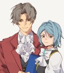  1boy 1girl ace_attorney ascot black_vest blue_eyes blue_hair bow bowtie buttons closed_mouth earrings franziska_von_karma grey_eyes grey_hair hair_intakes highres holding jacket jewelry kkkitsch41 lapels looking_at_viewer miles_edgeworth mole mole_under_eye parted_bangs red_jacket shirt short_hair simple_background smile suit_jacket upper_body vest waistcoat white_ascot white_background white_bow white_bowtie white_shirt wide_sleeves 