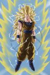 1boy absurdres arms_at_sides aura biceps blonde_hair blue_eyes blue_footwear blue_sash blue_shirt blue_sky blue_wristband boots clenched_hands commentary_request day dougi dragon_ball dragon_ball_z electricity energy floating full_body halo highres long_hair male_focus muscular muscular_male no_eyebrows orange_pants pants parted_lips pectorals sash shirt short_sleeves sky smile solo son_goku spiked_hair super_saiyan super_saiyan_3 toshi-chan v-shaped_eyebrows very_long_hair wristband 