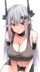  1girl arknights black_choker black_horns black_shorts blush breasts choker cleavage closed_mouth collarbone commentary_request grey_hair hair_between_eyes highres horn/wood horns large_breasts long_hair looking_at_viewer midriff mudrock_(arknights) navel oripathy_lesion_(arknights) pointy_ears red_eyes short_shorts shorts simple_background sitting solo sweat thighs white_background 