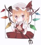 1girl ascot blonde_hair blush border brown_eyes closed_mouth collared_shirt cowboy_shot flandre_scarlet hair_between_eyes hat hat_ribbon highres holding holding_polearm holding_weapon laevatein_(touhou) looking_at_viewer medium_hair mob_cap multicolored_wings nacht_musik polearm puffy_short_sleeves puffy_sleeves red_ribbon red_skirt red_vest ribbon shirt short_sleeves simple_background skirt skirt_set solo touhou vest weapon white_background white_border white_headwear white_shirt wings yellow_ascot 