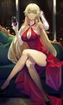  1girl absurdres alcohol blonde_hair breasts cleavage commission commissioner_upload cup dress drinking_glass elbow_gloves fire_emblem fire_emblem:_the_binding_blade gloves high_heels highres holding holding_cup igrene_(fire_emblem) large_breasts long_hair looking_at_viewer mole mole_under_eye niac non-web_source red_dress smile solo thighs white_gloves wine wine_glass yellow_eyes 