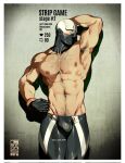  1boy abs armpit_hair armpits bara black_bodysuit black_gloves blush bodysuit boku_no_hero_academia bulge chest_hair english_text gloves highres jezz_mons_nsfw large_pectorals like_and_retweet male_focus male_underwear male_underwear_pull mask meme muscular muscular_male navel nipples pectorals pink_male_underwear solo thong twice_(boku_no_hero_academia) twitter_strip_game_(meme) underwear 