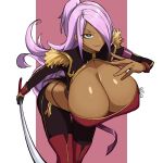  1girl absurdres blue_eyes boots breasts cleavage cleavage_cutout clothing_cutout dark-skinned_female dark_skin dragonaut epaulettes garnet_mclane gigantic_breasts hair_over_one_eye highres holding holding_sword holding_weapon huge_breasts light_smile long_hair military_uniform purple_hair sword thong uniform weapon wolffeld_price 