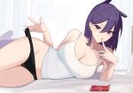  1girl bare_arms black_panties breasts camisole cleavage condom_box finger_to_mouth grin hair_between_eyes highres hololive hololive_english koupi_(ku_roiko) ku_roiko large_breasts long_hair looking_at_viewer lying on_side panties personification purple_eyes purple_hair smile solo takodachi_(ninomae_ina&#039;nis) underwear white_camisole 