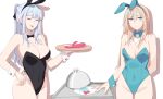  2girls absurdres ak-12_(girls&#039;_frontline) alternate_costume an-94_(girls&#039;_frontline) animal_ears aqua_eyes aqua_leotard arm_behind_back bare_shoulders black_leotard blonde_hair breasts cleavage closed_eyes closed_mouth condom covered_navel detached_collar fake_animal_ears feet_out_of_frame girls&#039;_frontline hand_on_own_thigh highres holding holding_tray kavni large_breasts leotard light_smile long_hair looking_at_viewer medium_breasts multiple_girls open_mouth parted_lips playboy_bunny ponytail rabbit_ears sex_toy sidelocks simple_background standing tray white_hair white_wrist_cuffs wrist_cuffs 
