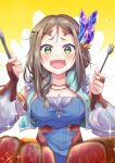  1girl :d atelier_(series) atelier_firis blue_jacket blue_shirt blush braid breasts brown_hair cleavage commentary_request cropped_jacket crystal_hair_ornament detached_sleeves excited firis_mistlud food fork frills green_eyes hair_ornament hair_over_shoulder hands_up highres holding holding_fork holding_knife jacket knife long_hair looking_at_viewer meat medium_breasts open_clothes open_jacket open_mouth shirt single_braid smile snowstar solo sparkle white_sleeves yellow_background 