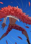  1boy ass back back_focus blue_sky dark-skinned_male dark_skin donquixote_doflamingo facing_away feathers flying from_behind fur_coat large_hands leg_hair male_focus medium_hair mg_cls muscular muscular_male one_piece open_clothes open_shirt pink_feathers purple-tinted_eyewear shoes shorts sky solo thread tinted_eyewear white-framed_eyewear 