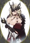  1girl bare_shoulders black_gloves blonde_hair breasts cleavage commentary cowboy_shot dress genshin_impact gloves grey_eyes headpiece highres holding large_breasts long_hair off_shoulder signora_(genshin_impact) solo standing vialnite white_dress 