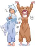  2girls animal_costume animal_ears bare_shoulders bear_costume blonde_hair blush dark-skinned_female dark_skin gao highres hololive houshou_marine long_hair multicolored_hair multiple_girls open_mouth red_hair shino_12a shiranui_flare simple_background streaked_hair tail tail_wagging virtual_youtuber white_background wolf_costume 