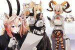  3girls :d animal_ear_fluff animal_ears arknights armor beeswax_(arknights) black_bow black_gloves black_skirt blonde_hair blue_eyes bow breastplate carnelian_(arknights) character_request closed_mouth crossed_legs dark-skinned_female dark_skin feet_out_of_frame gloves grey_hair grey_jacket hair_between_eyes hair_bow hair_ornament hairclip headphones holding horns horse_ears iwashi_80 jacket long_hair long_sleeves multiple_girls nearl_(arknights) notice_lines paper ponytail quill red_eyes shirt short_hair simple_background sitting skirt smile white_background white_shirt 