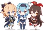  3girls amber_(100_outrider)_(genshin_impact) amber_(genshin_impact) annoyed black_bow black_hairband blonde_hair blue_eyes blue_hair blue_thighhighs boots bow brown_hair chibi closed_mouth eula_(genshin_impact) full_body genshin_impact hairband highres jean_(genshin_impact) jean_(gunnhildr&#039;s_legacy)_(genshin_impact) long_hair long_sleeves looking_at_viewer medium_hair mon-chan multiple_girls one_eye_closed pants red_bow red_thighhighs simple_background smile sparkle standing thighhighs v white_background white_pants yellow_eyes 